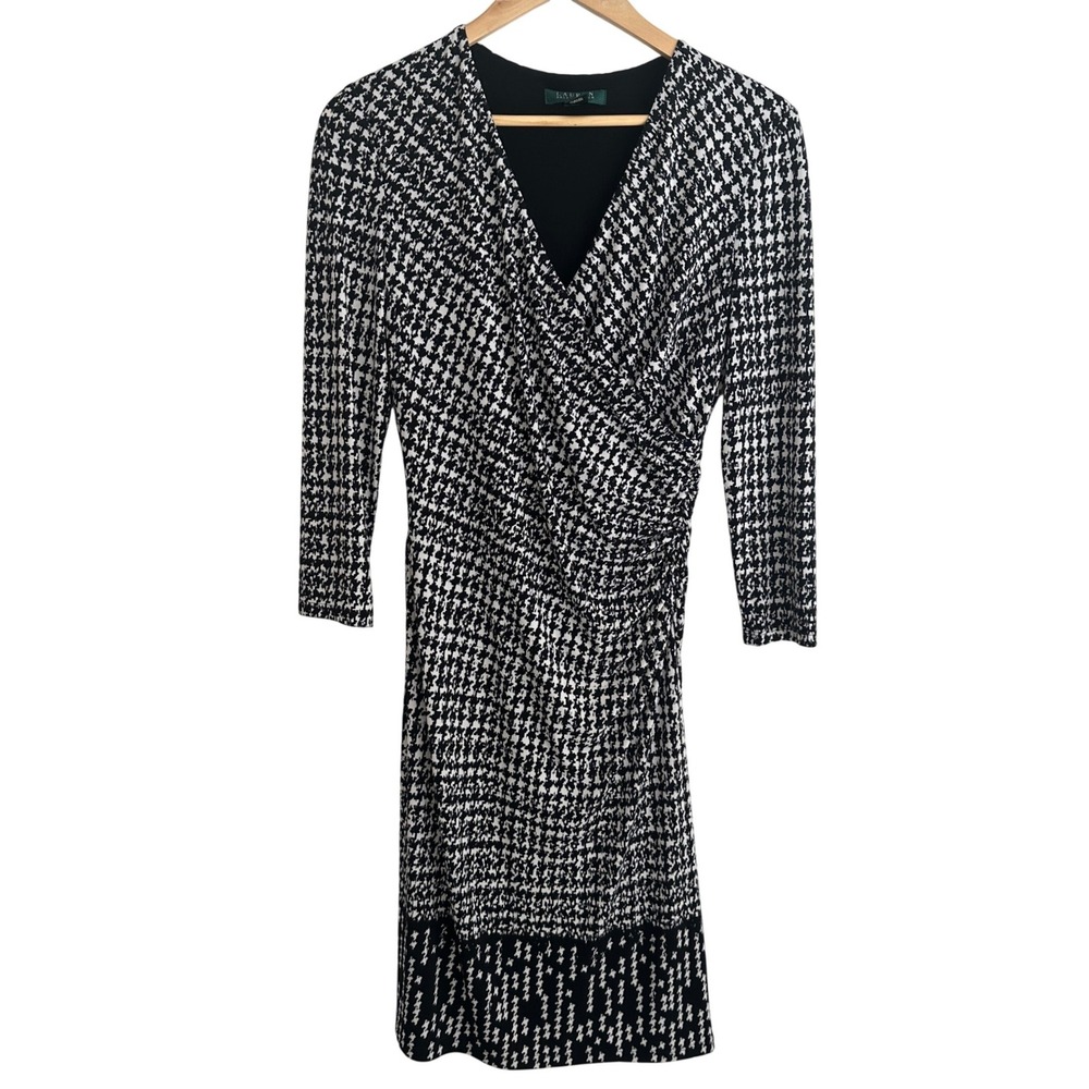 Lauren Ralph Lauren Houndstooth Ruched Faux Wrap Dress Womens 8 Preppy Stretch